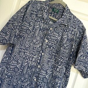 Vtg Short Sleeve Bandana Blue Paisley AOP Camp Shirt made by Gitman Bros